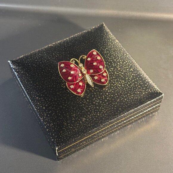 Vintage Judith Leiber, Swarovski Crystals Red Enamel, Gold Butterfly Brooch - Picture 6 of 9